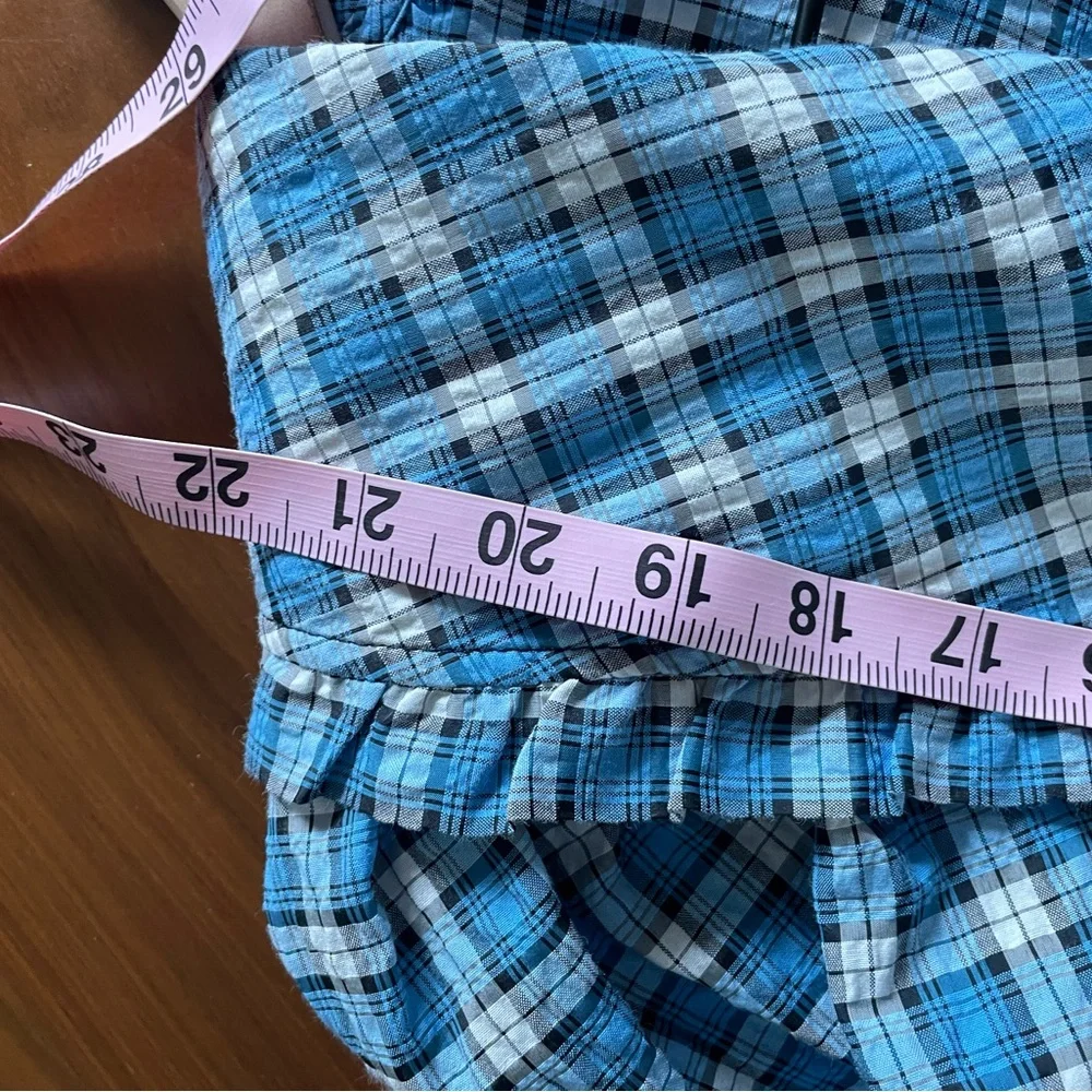 GANNI Seersucker Check V-Neck Ruffle Blouse in Azure Blue - Picture 11 of 14